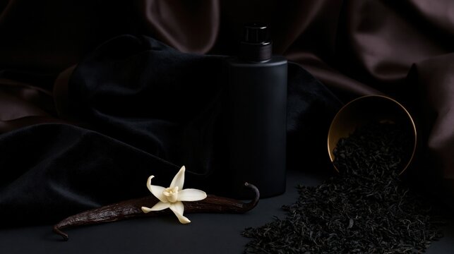 Plain perfume bottle resting on black velvet with fresh vanilla flower and dry black tea leaves