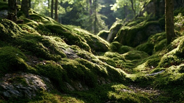 Sunlight filters through trees over mossy rocks and forest floors in a natural ecosystem