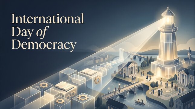 International Day of Democracy Illustration with Lighthouse Beacon Shining Light on People, Knowledge and Progress for Freedom and Equality Banner