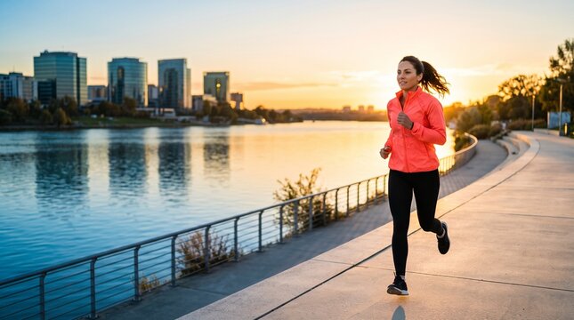 Woman Jogging Beside the River at Sunrise With City Skyline