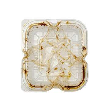 Empty Dirty Plastic Takeout Food Container with Brown Sauce Stains Isolated on White Background