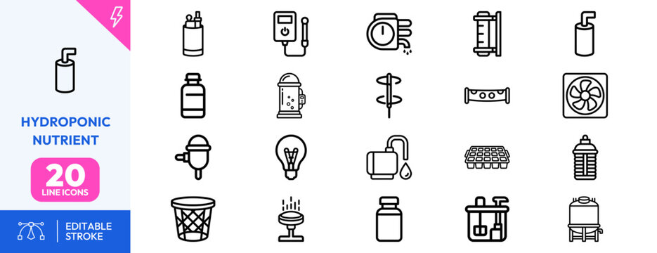 Hydroponic System set. nutrient dispenser, pump, aerator, timer, plant tray, growth light, syringe, seedling pot. Editable stroke. Vector illustration.