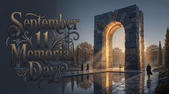 September 11 Memorial Day Commemorative Background with Majestic Stone Arch, Reflecting Pool, and Elegant Vintage Typography for Remembrance