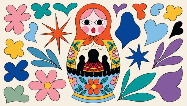 Matryoshka Doll Illustration with Abstract Floral & Geometric Shapes, Vibrant Retro Design