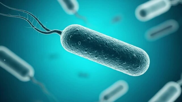 Microscopic view of rodshaped bacteria with flagella swimming in a blue fluid
