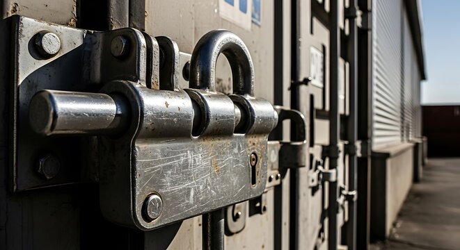 Robust industrial shipping container secured with a heavy-duty metal padlock and shackle