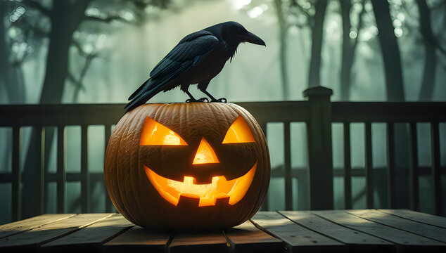 Black crow sitting on a glowing Halloween pumpkin illustration