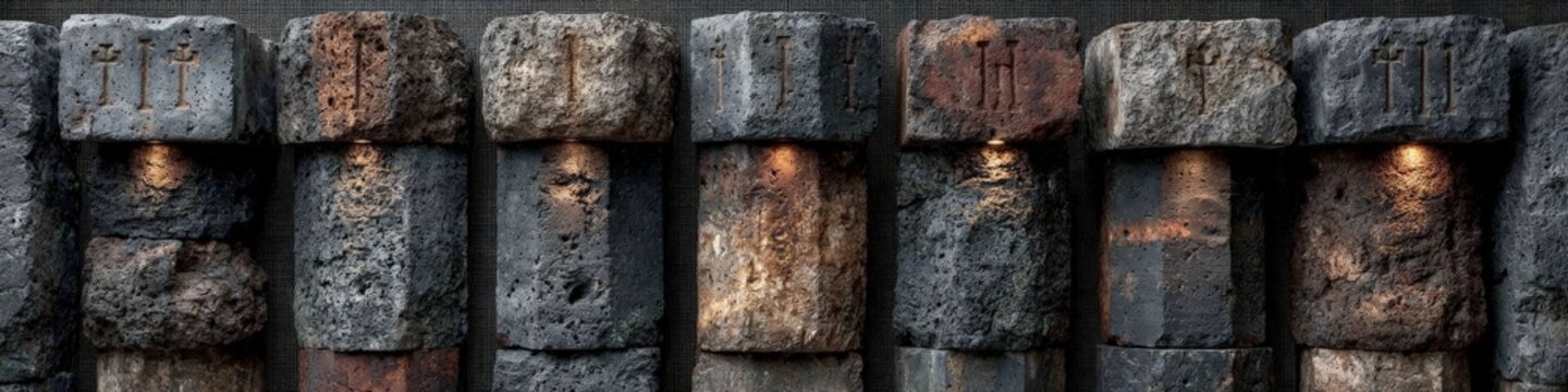 A sacred Armenian mountain wall featuring ancient basalt columns with carved symbols, illuminated by warm light against a dark background, evoking national memory and cultural heritage.