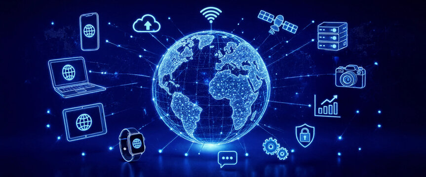 Tech devices and icons connected to digital planet earth digital illustration of Earth surrounded by various technology devices and data connections.
