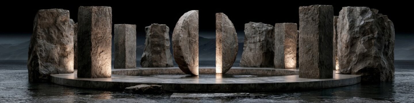 A dramatic stage setup featuring ancient stone pillars and basalt columns arranged in a circular formation, illuminated by high-contrast lighting against a dark backdrop with mountain silhouettes.