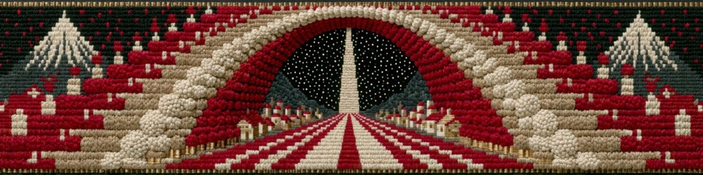 A vibrant textile-inspired tapestry featuring a bold arch of red, white, and black patterns, integrating mountain and village motifs in a ceremonial folk design.
