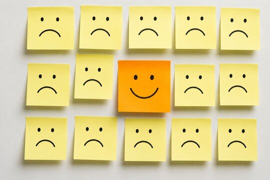 A single orange sticky note with a smiling face standing out among many yellow sticky notes with sad faces.