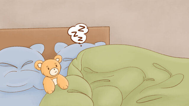2D illustration. Someone is sleeping under a green blanket on a blue pillow next to a yellow plush teddy bear. A Zzz sleep cloud floats above the bed. Kawaii hand-drawn cartoon about sleep and rest.