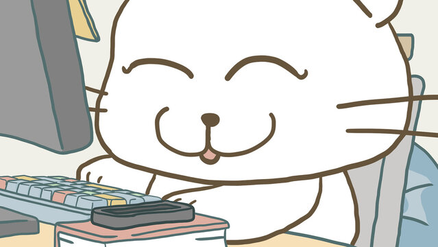 Hand-drawn close-up of a funny cat character working at the computer screen. Doodle illustration of a fluffy remote employee at the office desk setup for online business and freelance.