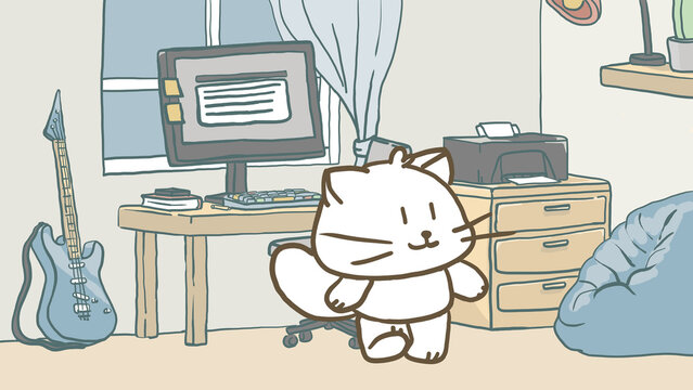 Hand-drawn room workspace setup next to a window. Doodle illustration of a creative home office and remote workplace concept tailored for work and hobbies, with a cat walking away from the desk.