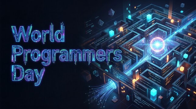 World Programmers Day Celebration Header with Futuristic 3D Digital Maze, Neon Glowing Data Streams and Tech Typography for Software Developers
