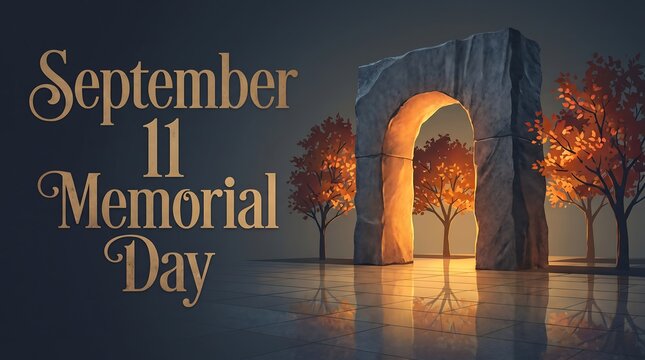 September 11 Memorial Day Illustration with Stone Archway, Glowing Autumn Trees and Reflective Ground, Patriot Day Remembrance Commemoration Design