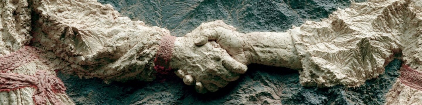 A powerful topographic artwork depicting intertwined hands forming mountainous ridgelines, symbolizing unity and cultural identity through a poetic landscape allegory.