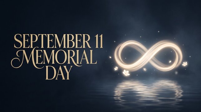 September 11 Memorial Day Tribute with Glowing Golden Infinity Symbol over Water Reflection, Patriot Day Commemoration Background.