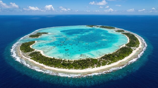 Aerial view of a circular tropical coral atoll featuring a bright turquoise lagoon, lush green vegetation, white sand beaches, and breaking waves surrounded by deep blue ocean water.
