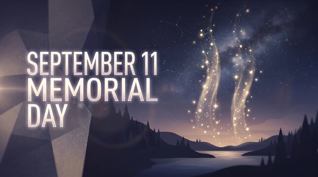 September 11 Memorial Day Background with Twin Light Pillars and Starry Night Sky, Patriot Day Remembrance Illustration for Banner and Poster