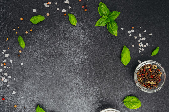 Food ingredients with place for text on dark background