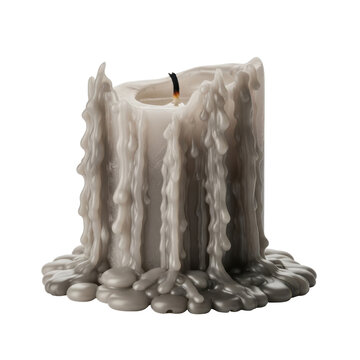 Melted Grey Pillar Candle with Heavy Wax Drips and Charred Wick Isolated on White Background