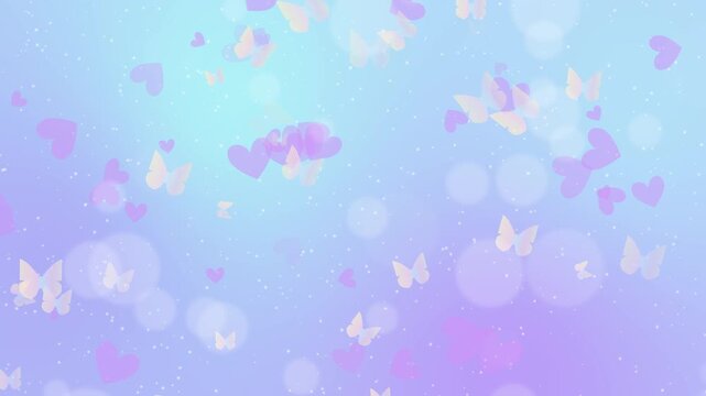 蝶とハートが舞うパステルブルーのファンタジーシームレスループ動画 / Pastel blue fantasy seamless loop video with flying butterflies and hearts