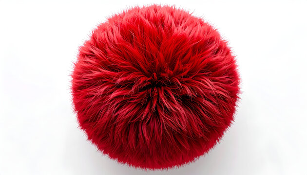 A vibrant, fluffy, and textured sphere dominates a stark white background. The deep crimson color is eye-catching, with a radial effect