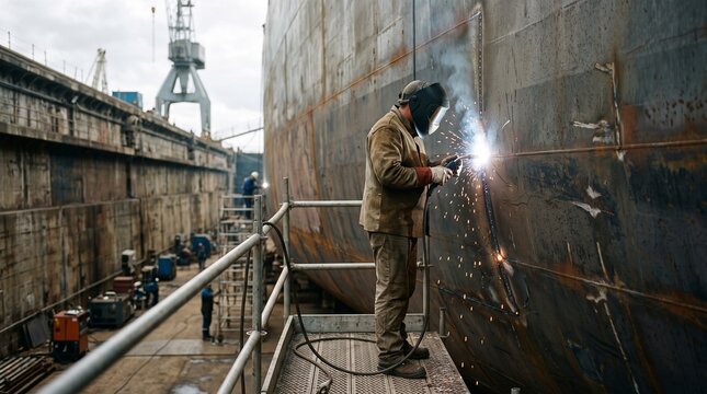 Shipyard worker welding a large metal hull in a dry dock with sparks flying