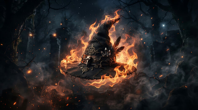 Witch hat engulfed in bright orange flames in a dark, mysterious forest setting.