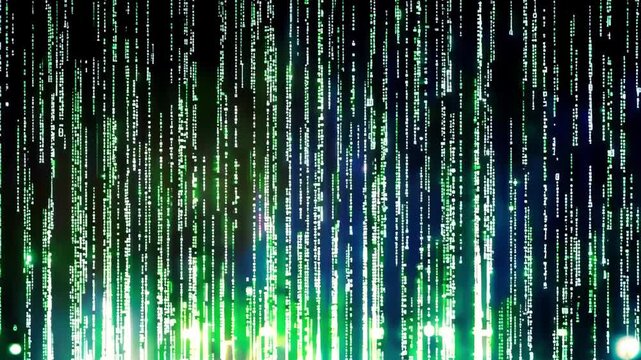 Data streams flow down in green and white colors creating an abstract digital backdrop showcasing binary code