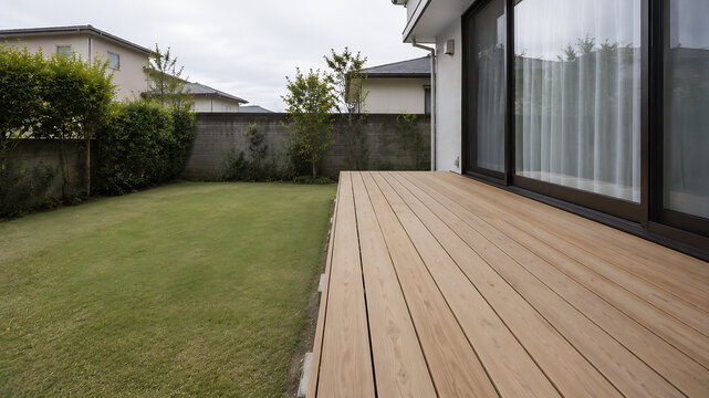Cleaned wooden deck beside Japanese house garden
