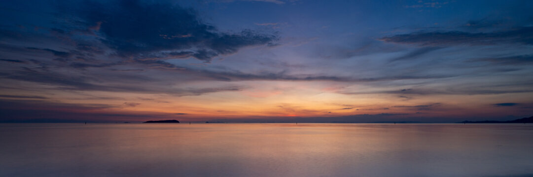 Twilight seascape with a delicate sky gradient at Ariake Beach in Kagawa Prefecture, Japan.