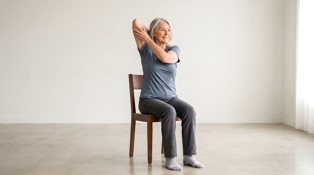 Senior woman stretching on chair, elderly fitness at home, healthy aging yoga