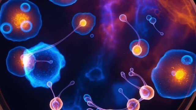 Microscopic view of glowing alien biological cells or microorganisms floating in a dark fluid, abstract scientific visualization of extraterrestrial life forms