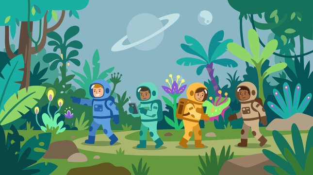 Diverse astronauts explore a lush alien jungle with strange plants and distant planets in the sky