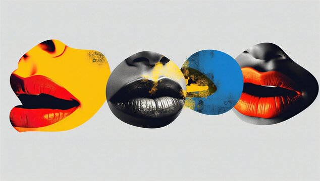 Abstract collage of colorful lips and mouth, symbolizing feminism, gender equality, voice, and human right.