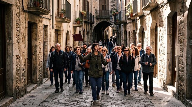 Tour guide leads a group of tourists down a narrow cobblestone street in an old European town