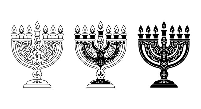 Ornate Menorah Vector Icons, Hanukkah Candlestick Symbols, Jewish Holiday Candle Holders, Black and White Designs