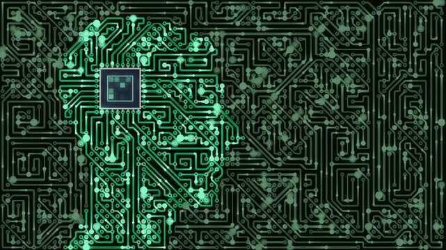 glowing green circuit board forms a human head silhouette, symbolizing artificial intelligence, technological advancement, and complex digital thinking