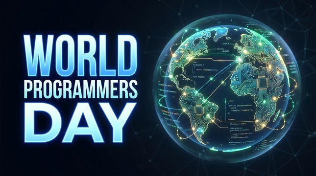 World Programmers Day Concept with Futuristic Digital Globe and Glowing Circuit Board Patterns Representing Global Technology and Software Coding