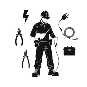 Professional electrician silhouette with tools, electrical repair man in hard hat, maintenance worker vector set