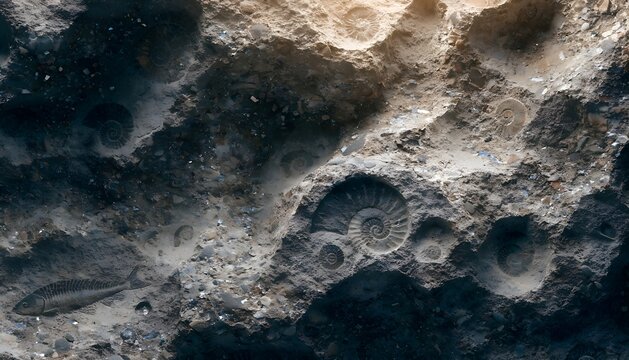 Natural limestone rock texture with detailed ammonite shell fossil background
