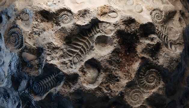 Ancient marine fossil bed with ammonite shells and shell impressions on natural rock
