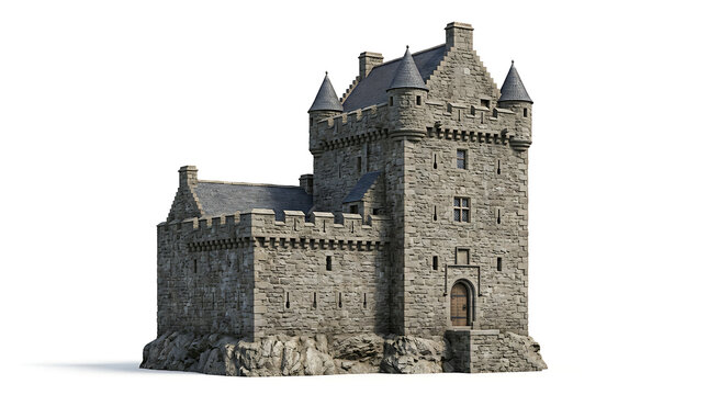 A majestic medieval Scottish stone castle isolated on a white background