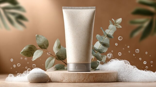 Skincare product in textured tube with eucalyptus leaves and soap bubbles for cosmetic advertisement.