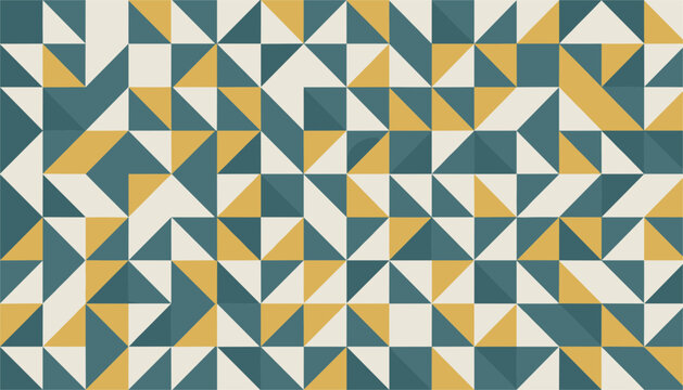 Abstract geometric mosaic pattern consisting of teal, mustard yellow, and off white triangles in a repeating grid.