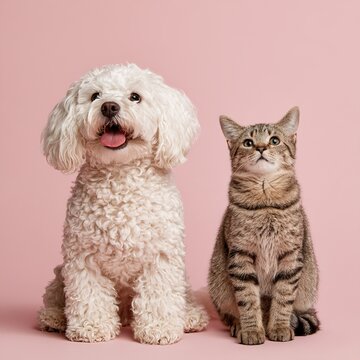 Dog and cat sitting together on pink background