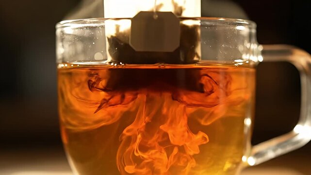 Tea bag infusing hot water in a glass mug.